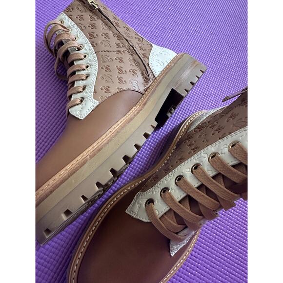 $1196 Jimmy Choo Boots 36.5 Cora Ankle Leather Combar Boots Brown Monogram NEW - Picture 1 of 8